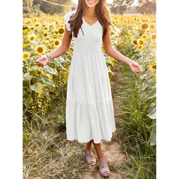 Women's Casual Midi Dress Rayon V Neck Flutter Sleeve Tiered Beach Vacation - Picture 3 of 6